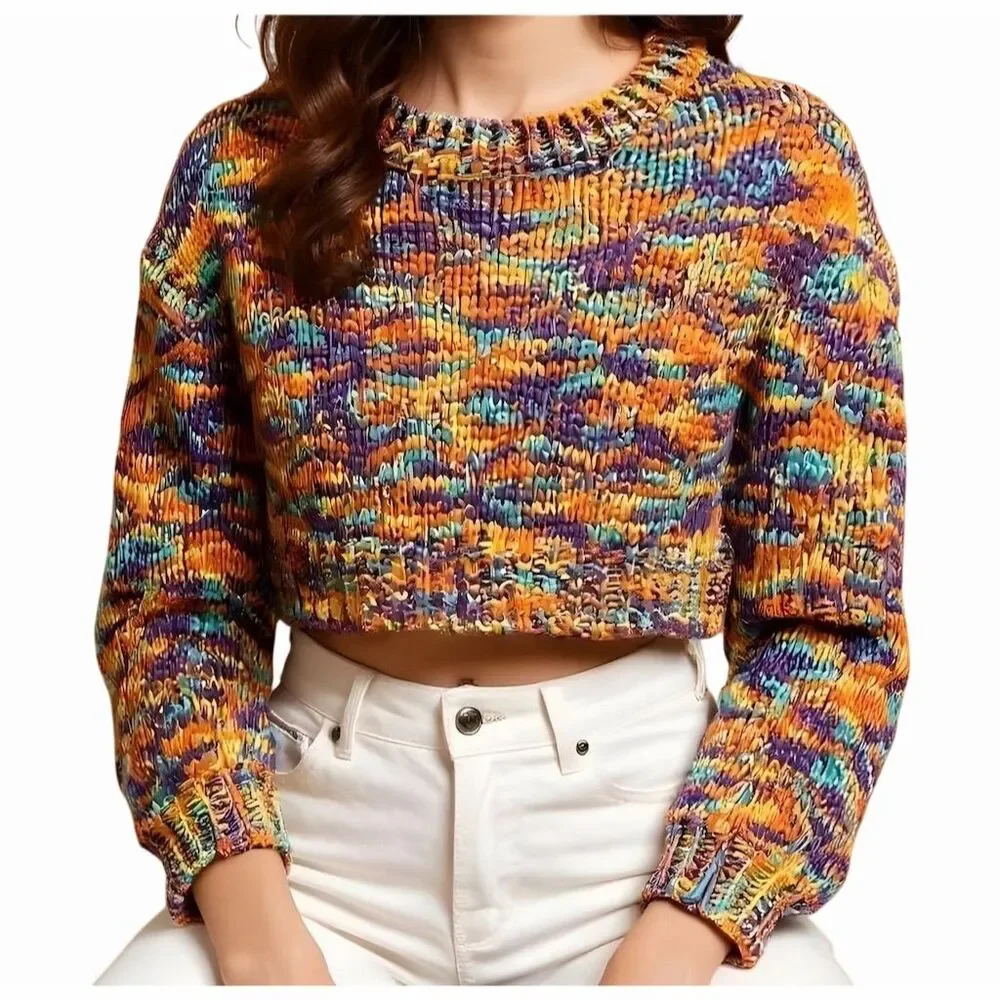 Storia Women's Multicolor Knit Crop Sweater Size S Long Sleeve Pullover - Picture 1 of 5